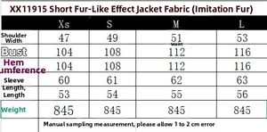 Detailed size chart for faux fur short coat with shoulder, chest and sleeve measurements