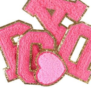 Pink chenille letter patches with gold glitter edges for clothing decoration