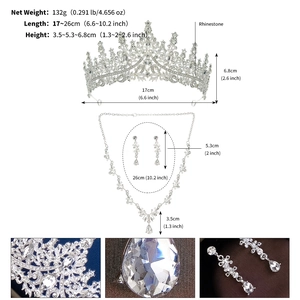 Detailed dimensions of bridal jewelry set with rhinestone crown, necklace, and earrings