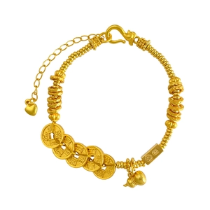 Golden beaded bracelet with calabash charm and ancient coin discs for women