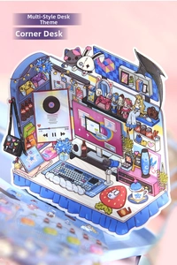 Detailed 3D style desk scene sticker with computer, keyboard and strawberry mousepad