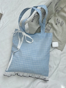 French style blue plaid canvas tote bag with white lace ribbon and ruffle trim