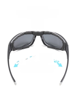 Detail view of sports sunglasses with physical air guide system and foam padding