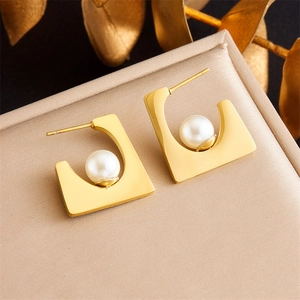 Modern gold-plated stainless steel earrings with geometric square frame and white pearl