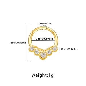 Detailed dimension guide for a gold nose ring with five sparkling zircons and a 10mm inner diameter