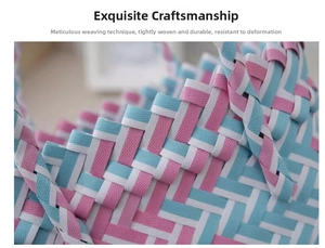 Macro detail of the high-density hand-woven texture in pink, blue, and white plastic strips