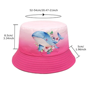 Kids reversible gradient pink bucket hat with blue whale print and floral detail