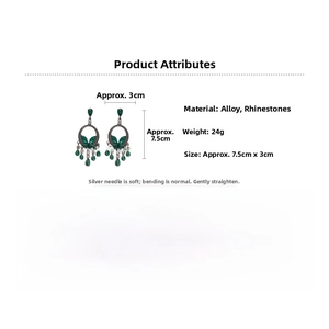 Detailed size specifications for dark green tassel earrings with rhinestones and silver pins