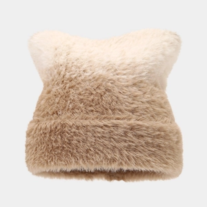 Detailed view of fluffy cat-ear knit hat with soft beige to brown gradient plush texture