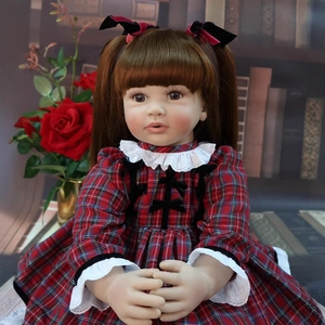 Lifelike 60cm reborn toddler doll with long brown pigtails and red plaid lace dress
