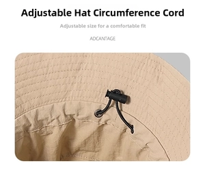 Detail of adjustable drawstring with plastic toggle on waterproof outdoor bucket hat