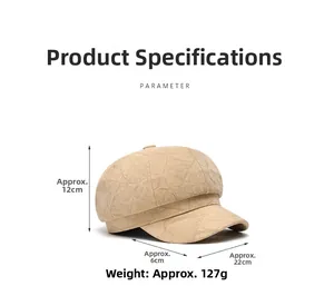 Guía de tallas detallada de la gorra beige con medidas de altura, anchura y profundidad