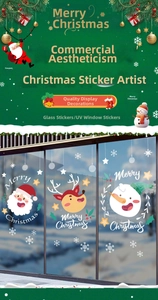 Macro detail of Christmas UV static stickers featuring Santa, elk and snowman on glass