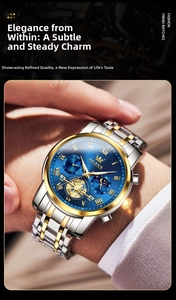 Close-up of OLEVS luxury men's watch featuring a blue dial and two-tone steel bracelet