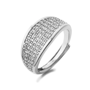 Detailed view of silver adjustable ring featuring pavé setting micro-pave cubic zirconia