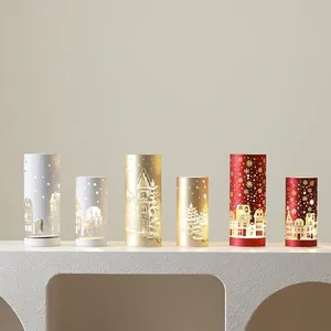 Set of 6 lighted Christmas glass tree ornaments with snowflake and town silhouette