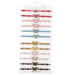 Detailed set of twelve handmade butterfly charms and colorful crystal beaded bracelets