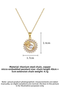 Detailed view of titanium steel necklace with crystal leaf pendant and pearl centerpiece