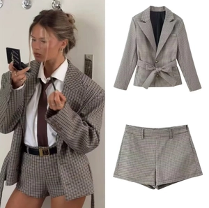 Women Houndstooth Plaid Blazer And Shorts Polyester Tie Waist Long Sleeve Casual Fashion Vintage Office Streetwear