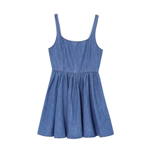 Abito Mini In Denim Senza Maniche Scollo Quadrato Cerniera Posteriore Orlo Pieghettato Blu Casual Moda Per Donne