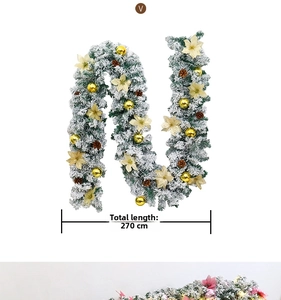 Detail of 270cm flocked Christmas garland with pine cones and golden ornaments