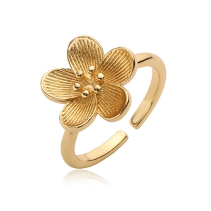 Elegant 18K gold plated flower open ring with textured petals and adjustable band