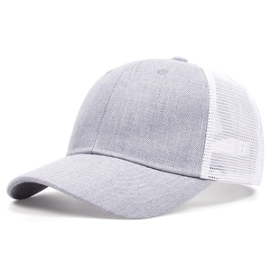 Detail of grey and white trucker hat with breathable mesh back and curved visor brim