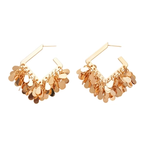 18K gold plated square earrings with hanging metallic teardrop sequins and tassels