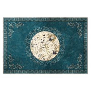 Oriental style blue hallway rug with gold floral patterns and bird motif center
