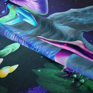 Detailed macro view of vibrant mushroom tapestry showing high-quality fiber texture and print