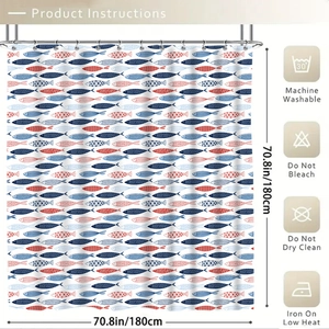 Detail of cute fish pattern shower curtain showing 180x180cm size and washing care symbols