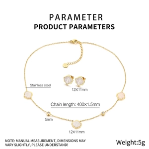Detail of stainless steel gold jewelry set with shell flower pendant and 400mm chain