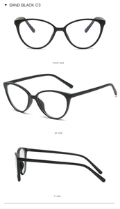 Three-view display of sand black cat-eye glasses frames with blue light blocking lenses