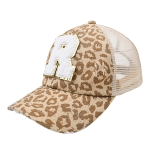 Detail of leopard print ponytail mesh hat with distressed brim and embroidered R patch