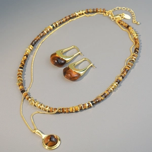 French vintage tiger eye beaded necklace set with gold pendant and matching earrings