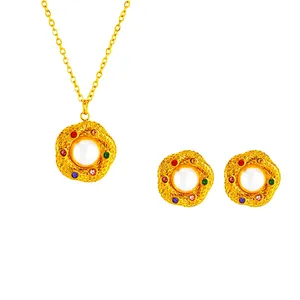 Vintage Stainless Steel Necklace And Stud Earrings For Women White Faux Artificial Pearl Multi Color Zircon Spiral Button Design