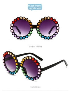 Kids round sunglasses with black frame, purple gradient lenses and colorful rhinestones