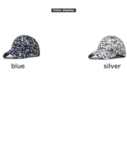 Close-up of baseball caps in blue and silver with all-over star pattern display
