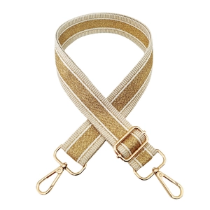 Adjustable wide replacement shoulder strap with gold metallic thread and metal hooks