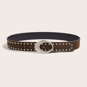 Ceinture vintage en daim marron avec boucle ovale argentée et clous pour robes