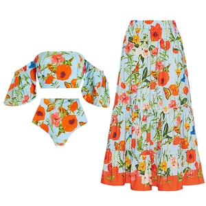 Women Floral Butterfly Print Swimsuit Off The Shoulder Puff Sleeve High Waist Beachwear With Tiered Skirt Polyester Summer Vacation