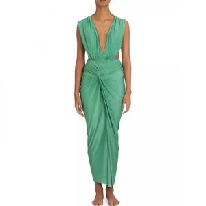 Sparkly deep V-neck sleeveless light green evening dress with waist twist detail
