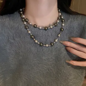 Style Français Long Collier De Künstliche Perles Multicouches Pull Gris Argenté Alliage Künstliche Perles De Verre Vintage Géométrique Bijoux De Mode Élégant