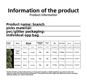 Detailed size and weight chart for decorative glitter branch stems in various colors