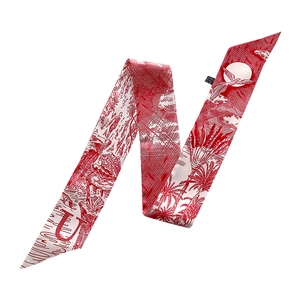 Close-up of red and white Toile de Jouy silk scarf with palm and letter U motifs