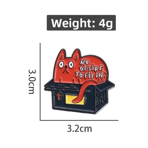 Cartoon red cat enamel pin in box with No Desire To Fit In slogan, 3.0cm size