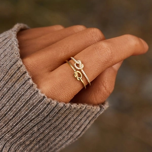 Minimalist S925 silver double layer heart open ring with gold knot and cubic zirconia