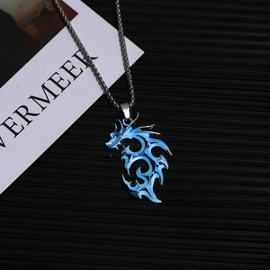 Hip hop titanium steel necklace featuring a glowing blue dragon pendant on a silver chain