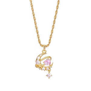 Elegant gold necklace with pink heart pendant and crescent moon zircon accents