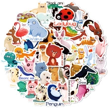 Detailed pile of assorted colorful cartoon animal stickers with English name labels